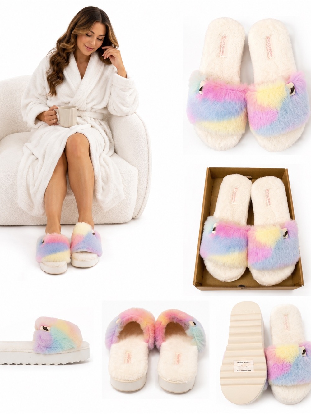 Koolaburra by UGG Pastel Rainbow Faux Fur Slide Slippers White Platform Sandals